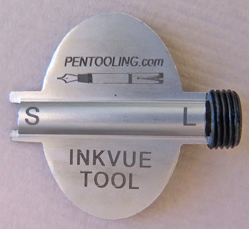 INK VUE TOOL: TOOL FOR REMOVING THREADED PLUG IN THE CENTER OF INK VUE PENS. WORKS ON BOTH SIZES. THIS TOOL HAS TWO SIDES, ONE THAT FITS A LARGE PEN AND ONE SIDE THAT FITS THE SMALLER PEN